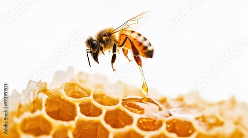 A honeycomb with a single bee attached to it floated in the air, honey flowing down. in the honey jar below white background.
