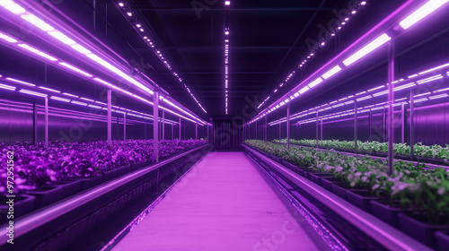 A computer-generated image shows a modern greenhouse with purple lights. Inside, plants grow using a water-based system, making a green salad farm.