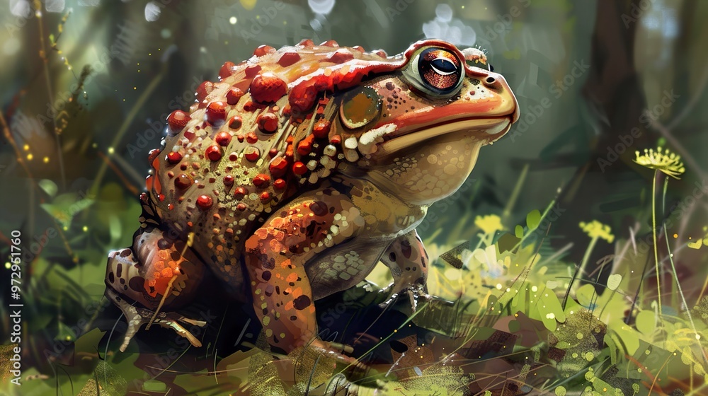 A colorful toad with red and brown spots sits on green grass in a forest. A colorful toad with red and brown spots sits on green grass in a forest.