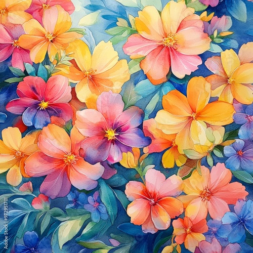 Watercolor Painting of Colorful Flowers with Green Leaves