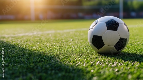A close-up of a soccer ball on a grassy field during sunset.