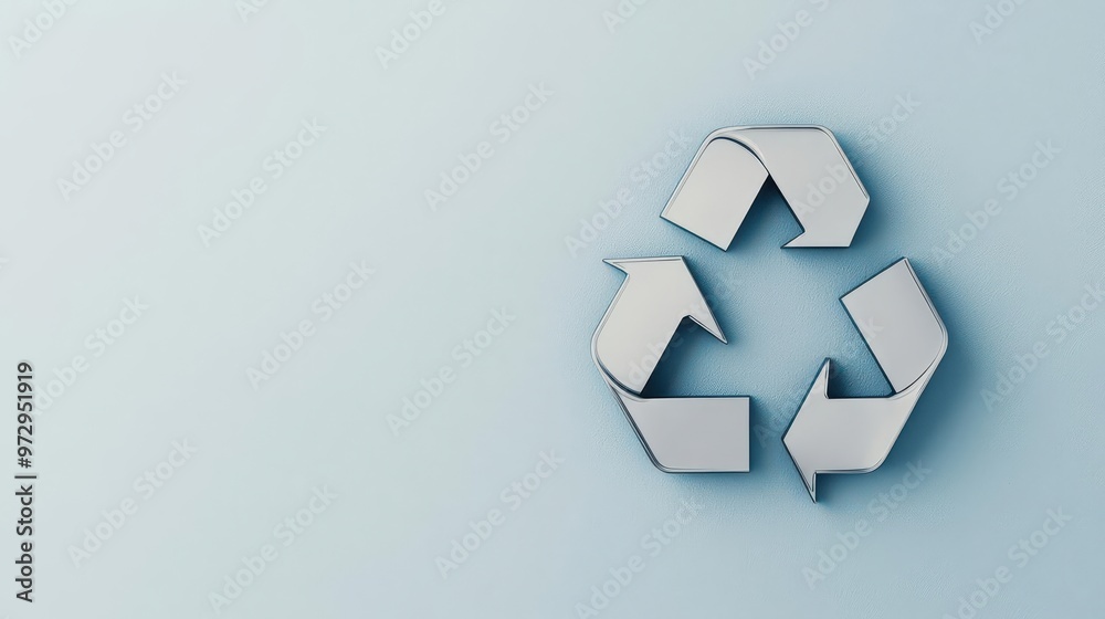 Modern recycle symbol in metallic silver, floating on a clean white background, minimal and eco-conscious Modern recycle symbol in metallic silver, floating on a clean white background, minimal and eco-conscious