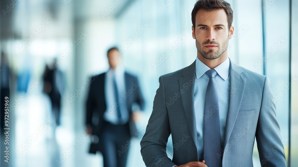 Fototapeta premium Confident Businessman in Suit Walking Through Office Building