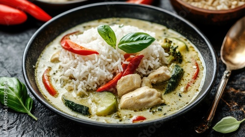 A high-resolution image of a Thai Green Curry served with jasmine rice, featuring the creamy, spicy curry with chicken and vegetables, beautifully plated.