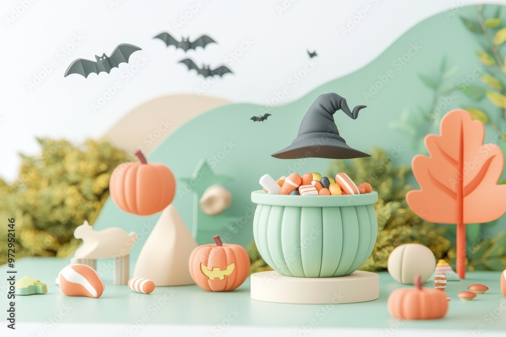 Obraz premium Spooky Halloween scene with pumpkins, candies, and decorations