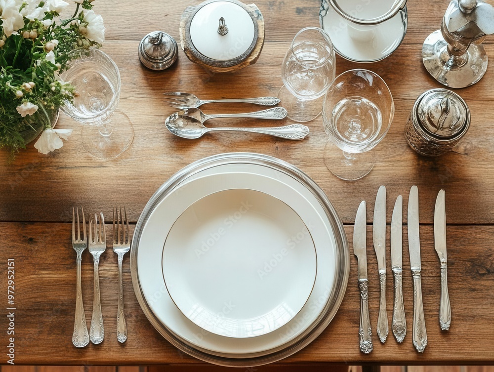 Neatly set dining table with arranged silverware and plates overhead shot soft light Neatly set dining table with arranged silverware and plates overhead shot soft light