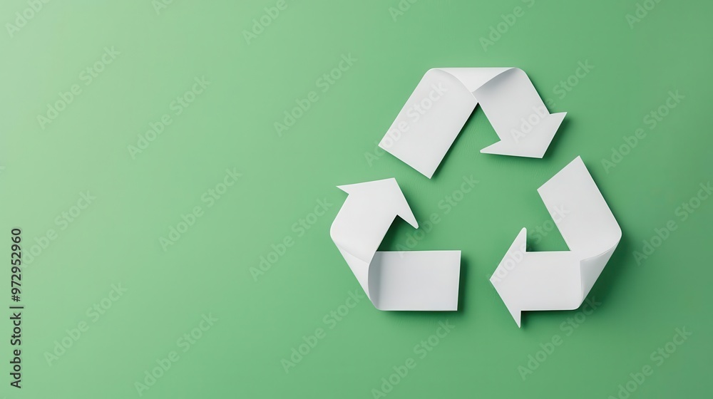 Flatlay of a simple white recycle symbol, placed on a soft green surface, minimalist sustainability design Flatlay of a simple white recycle symbol, placed on a soft green surface, minimalist sustainability design