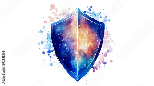 Cosmic shield watercolor illustration vector on white background.