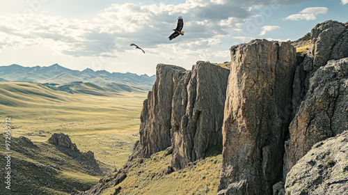 Rocky cliffs of the Mongolian mountain range, with eagles soaring above, wild and untamed landscape photo