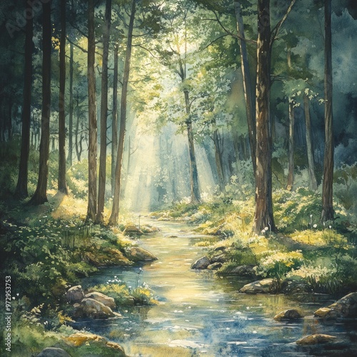 Sunlit Forest Stream Watercolor Painting