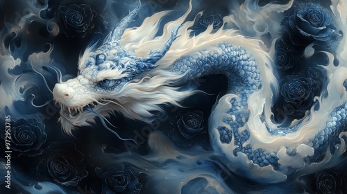 Majestic blue and white dragon surrounded by swirling mists and dark roses, creating an ethereal scene