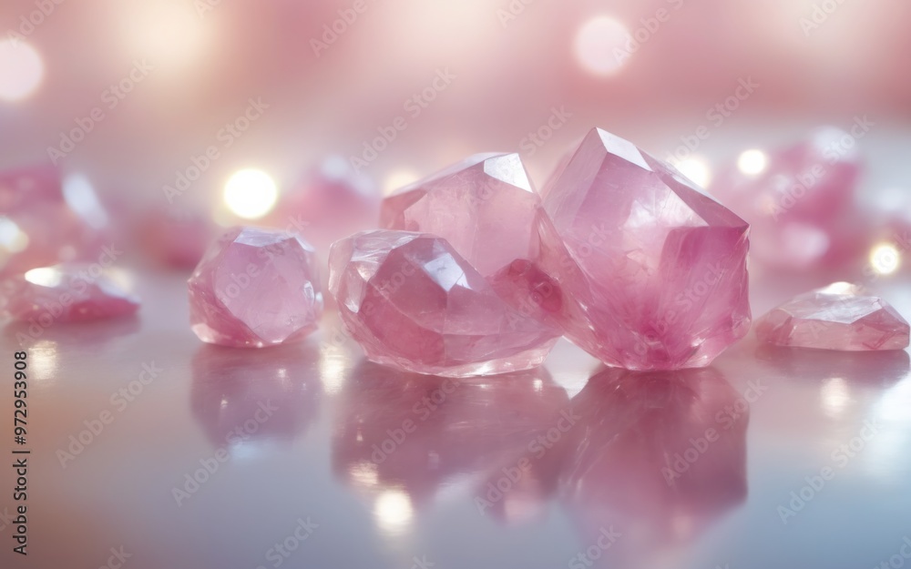 Pink crystals on reflective surface in scattered arrangement, li Pink crystals on reflective surface in scattered arrangement, li