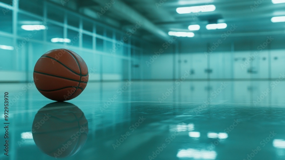 A basketball resting on a polished court in a spacious gymnasium. A basketball resting on a polished court in a spacious gymnasium.