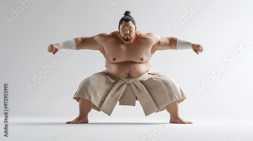 A sumo wrestler in mid-action pose, isolated on a clean white background, high realism