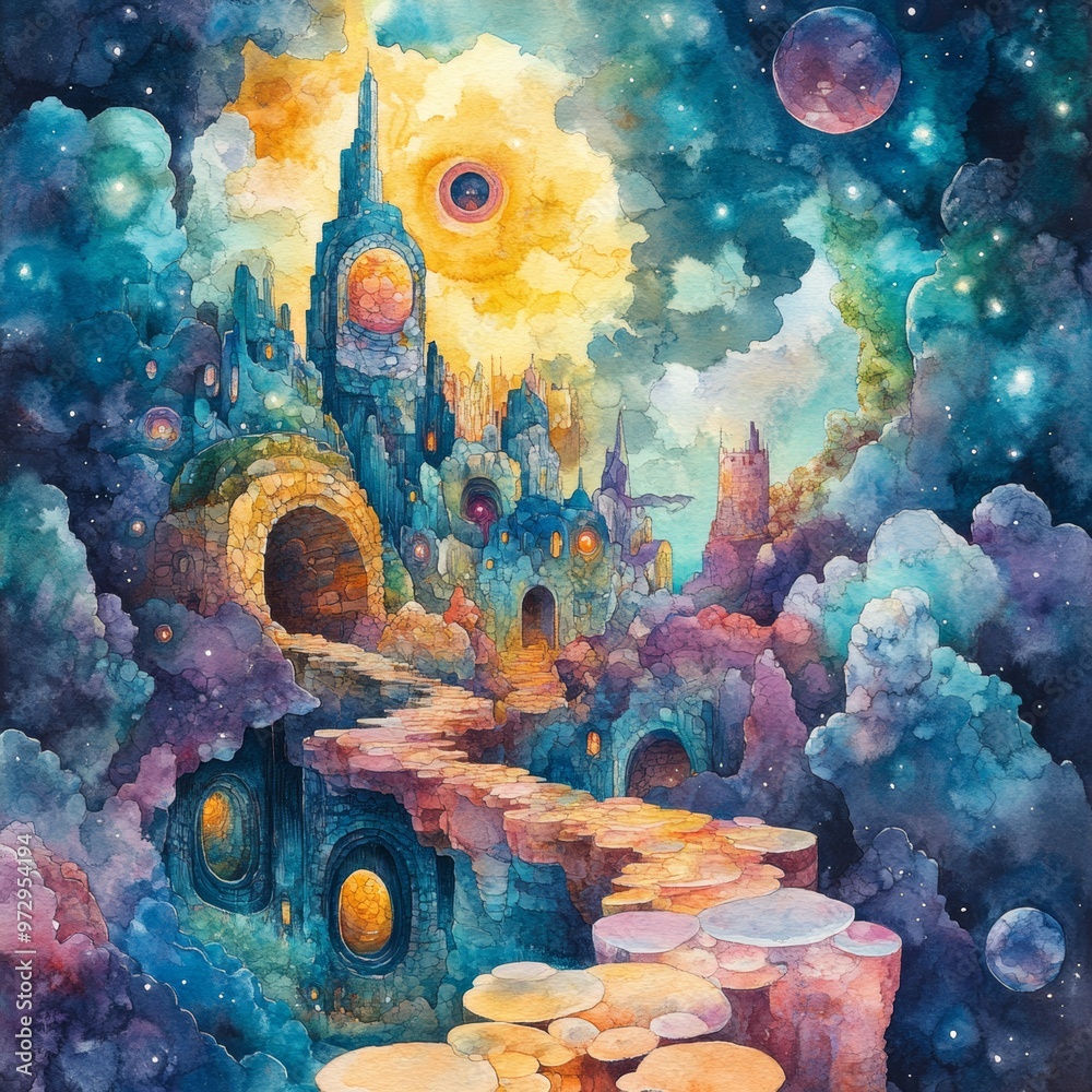 Fototapeta premium Watercolor Painting of a Fantasy City in the Clouds with Stars and Planets