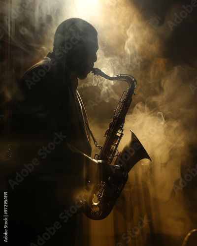 A jazz musician plays saxophone, surrounded by smoky atmosphere that enhances mood of performance. silhouette captures essence of music and emotion