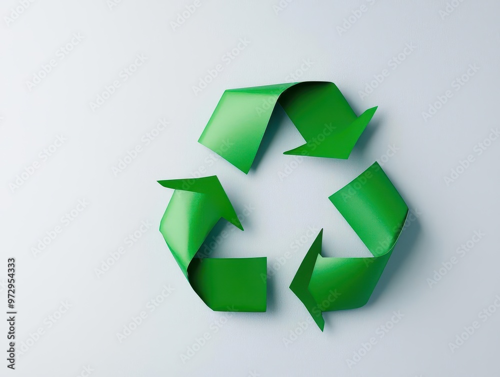 Flatlay of a minimalist green recycle symbol made from paper, surrounded by white space, eco-friendly concept Flatlay of a minimalist green recycle symbol made from paper, surrounded by white space, eco-friendly concept