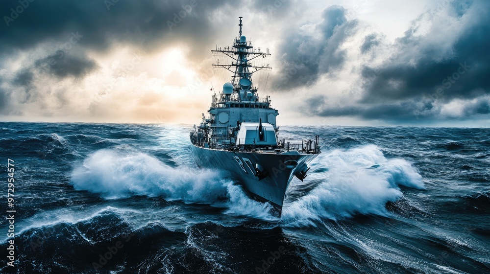 A large naval ship cutting through rough ocean waves, surrounded by a dramatic sky with storm clouds forming, emphasizing the power and resilience of the vessel. A large naval ship cutting through rough ocean waves, surrounded by a dramatic sky with storm clouds forming, emphasizing the power and resilience of the vessel.