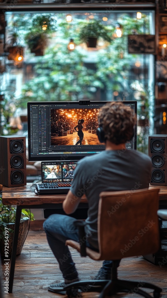 Fototapeta premium Person is sitting at a desk editing a video on a computer in a bright, plant-filled room