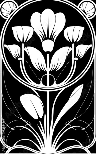 Art Nouveau Floral Design in Black and White