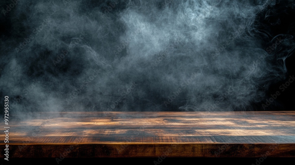 Empty Wooden Table with Rising Smoke on Dark Background Empty Wooden Table with Rising Smoke on Dark Background