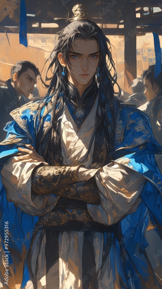 Serious-faced man in traditional, ornate clothing, with long hair, standing among others in a crowded setting Serious-faced man in traditional, ornate clothing, with long hair, standing among others in a crowded setting