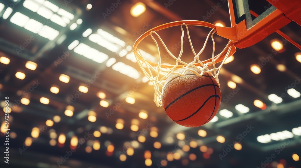 A basketball is about to go through a hoop in a well-lit gymnasium. A basketball is about to go through a hoop in a well-lit gymnasium.