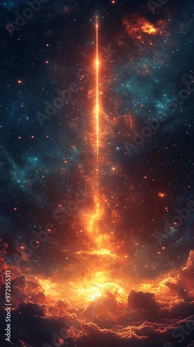 Radiant beam of light stretches from the fiery clouds into the star-filled universe, creating a breathtaking cosmic spectacle