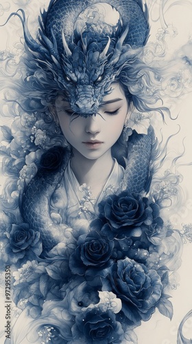 Serene woman with closed eyes is entwined with a majestic blue dragon, surrounded by roses and intricate floral designs