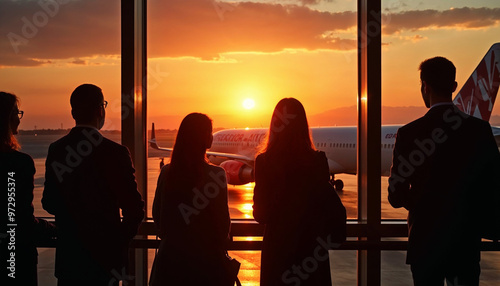 Silhouetted passengers at an airport window with a sunset-lit airliner, filled with travel excitement. photo