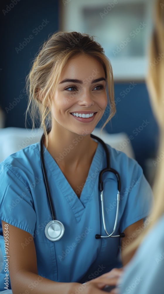 Smiling woman in blue scrubs with a stethoscope around her neck is engaging in conversation in a medical setting Smiling woman in blue scrubs with a stethoscope around her neck is engaging in conversation in a medical setting