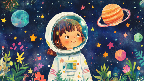 A young girl, wearing an imaginative astronaut suit made from a white with a plastic bowl for a helmet.