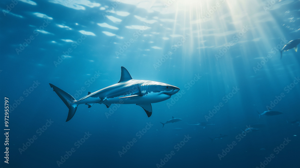 Fototapeta premium An underwater view of a great white shark swimming in harmony with other sea creatures, set against the vast blue backdrop of the ocean. photo