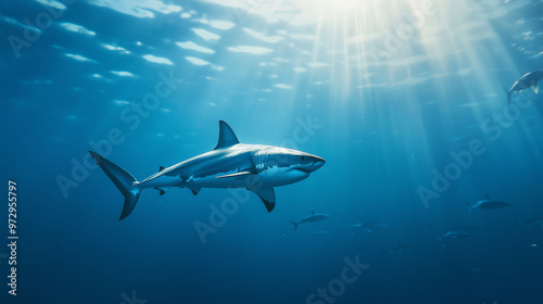 An underwater view of a great white shark swimming in harmony with other sea creatures, set against the vast blue backdrop of the ocean. photo