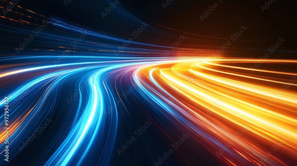 dynamic speed motion light in blue and yellow neon, an abstract background ideal for tech themes, advertising, and digital design