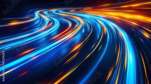 abstract neon light background featuring speed motion in blue and yellow, creating a high-energy visual for modern and digital uses photo