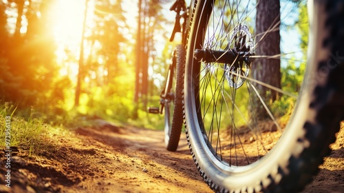 A close-up of a bicycle wheel on a dirt path in a sunlit forest.