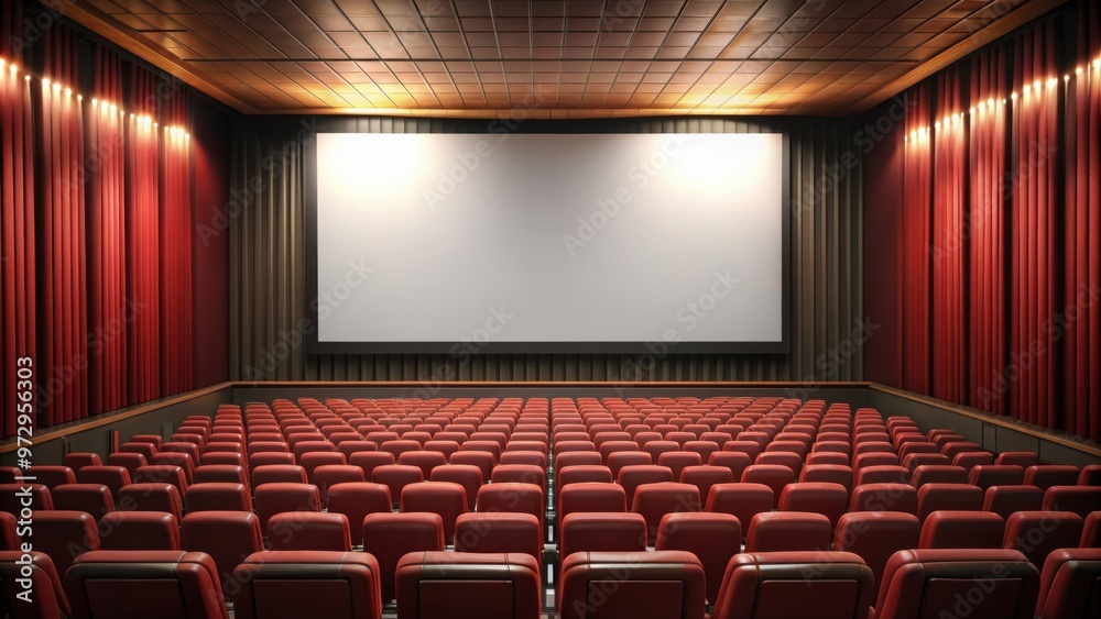 Fototapeta premium A close-up shot of a cinema theater frame with blank screen, cinema, theater, frame, entertainment, movie, film, screen