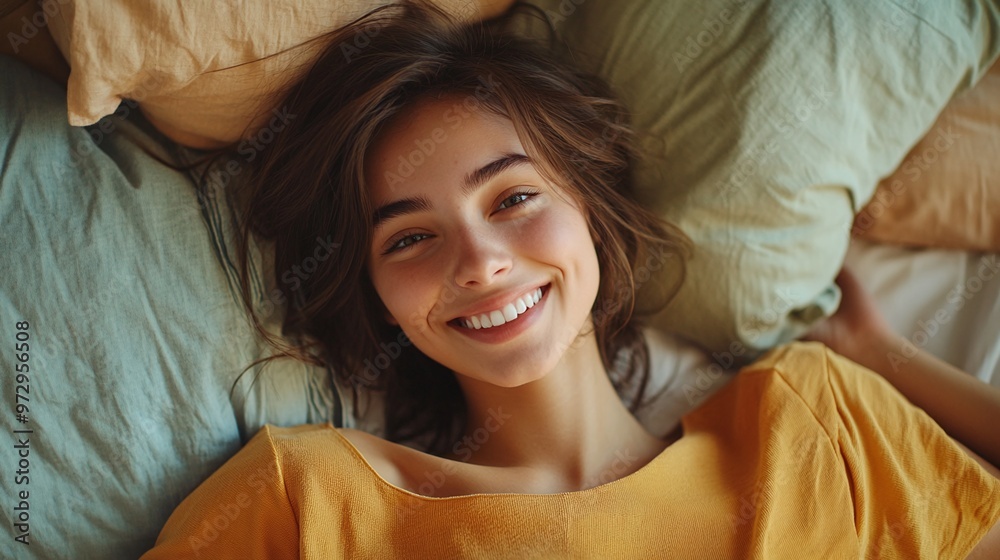 cozy morning with a smiling young woman lying in a comfortable bed, nestled in soft pillows, showcasing ultimate relaxation cozy morning with a smiling young woman lying in a comfortable bed, nestled in soft pillows, showcasing ultimate relaxation
