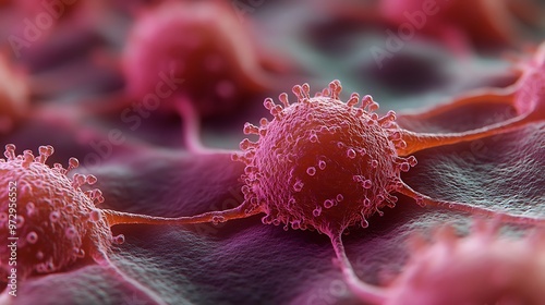 Microscopic view of breast cancer cells with sharp, intricate details on a light, sterile background
