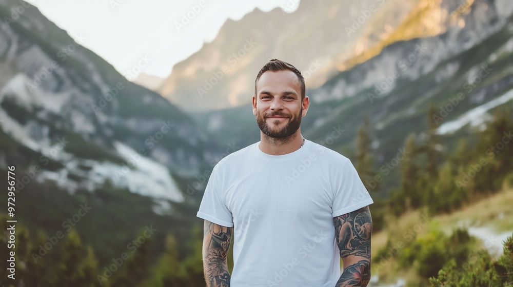 A man with tattoos on both arms is wearing a white t-shirt. A man with tattoos on both arms is wearing a white t-shirt.