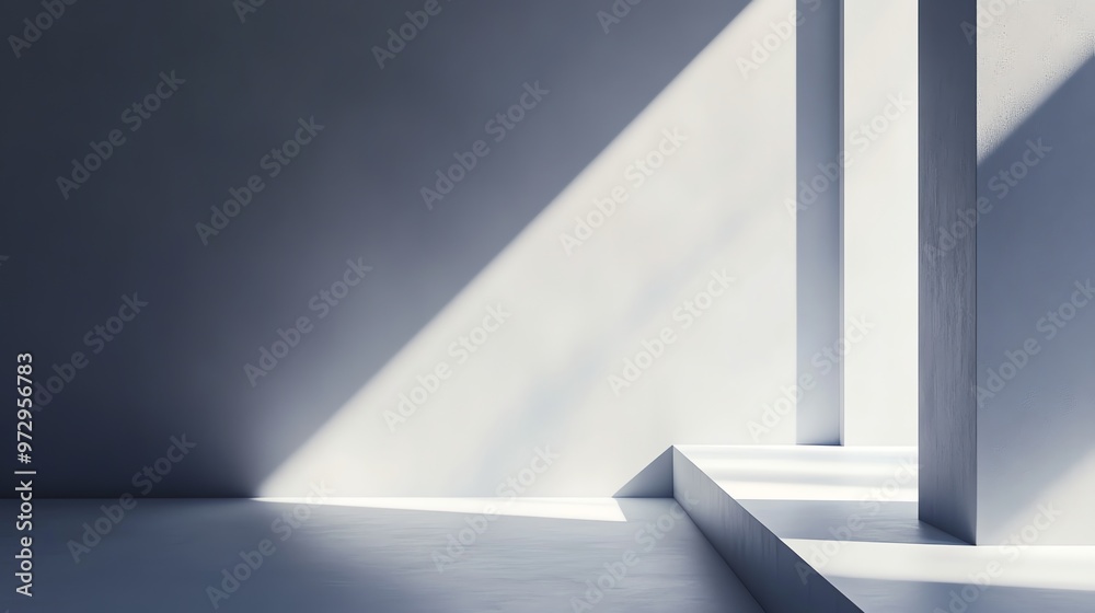 Fototapeta premium A minimal, white room with two large pillars and a small platform, illuminated by sunlight.