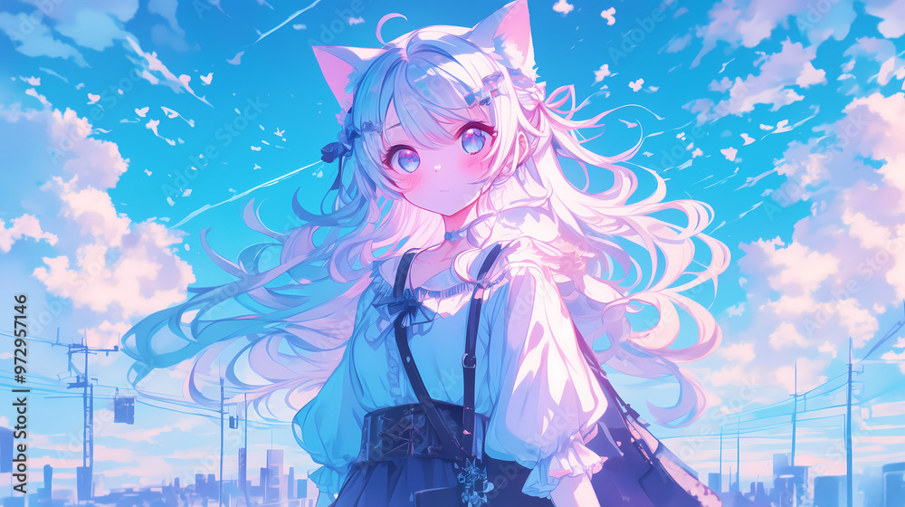 anime cute cat girl with cat ears and tail enjoys a sunny day outside against a blue sky with fluffy clouds anime cute cat girl with cat ears and tail enjoys a sunny day outside against a blue sky with fluffy clouds
