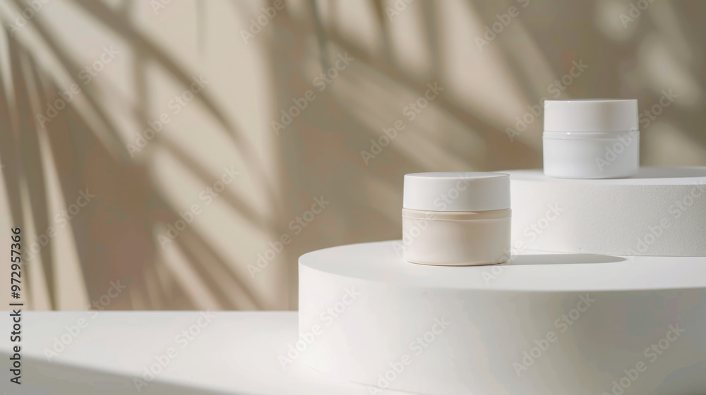 Two white skin care product packaging boxes on the table, the background is light color. Two white skin care product packaging boxes on the table, the background is light color.