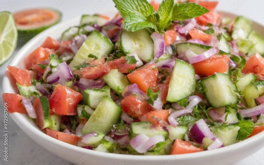 Colorful Salad in a White Bowl with Diced Tomatoes, Cucumbers, a Colorful Salad in a White Bowl with Diced Tomatoes, Cucumbers, a