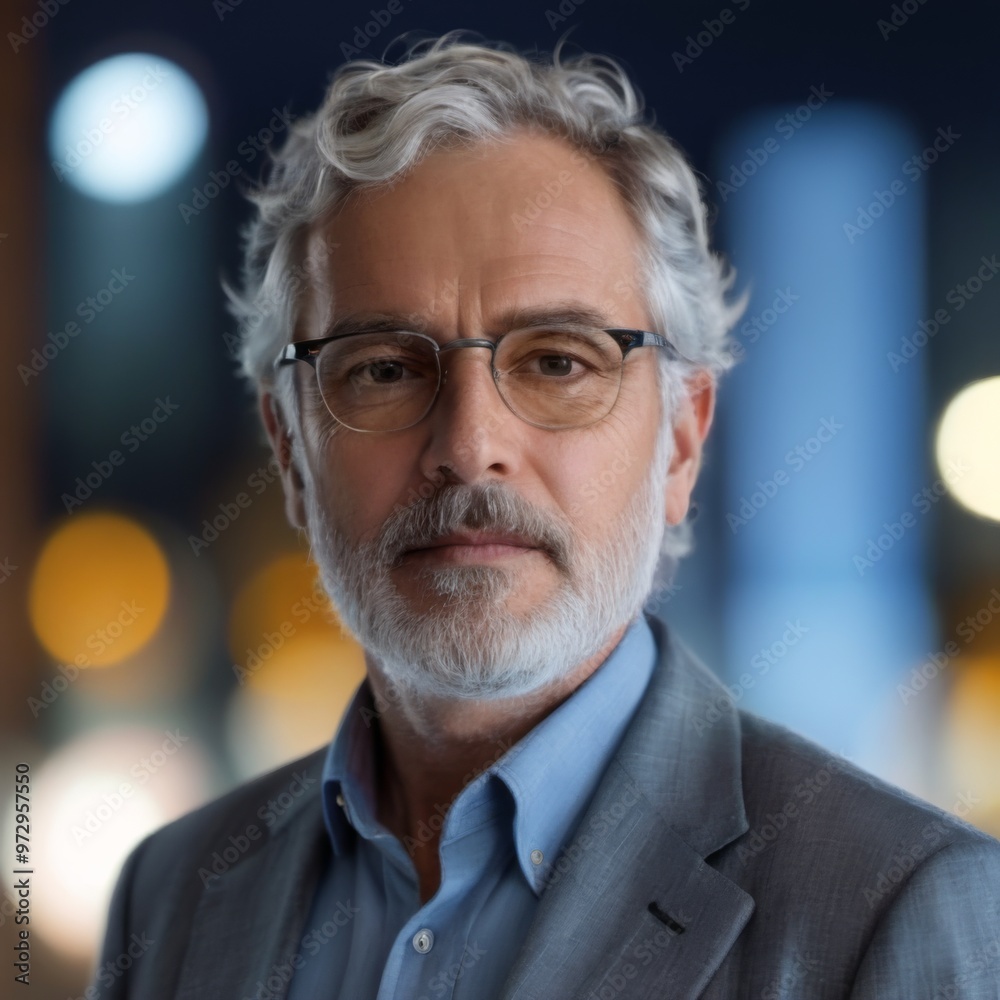 Elderly man in blue shirt and gray blazer with glasses looking s Elderly man in blue shirt and gray blazer with glasses looking s