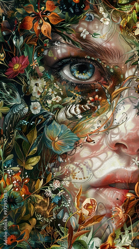 A woman's eye and face are surrounded by vibrant flowers, plants, and butterflies. A woman's eye and face are surrounded by vibrant flowers, plants, and butterflies.