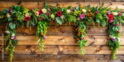 A beautiful garland made of fresh greenery and colorful flowers hanging on a wooden wall , decor, festive, celebration, party