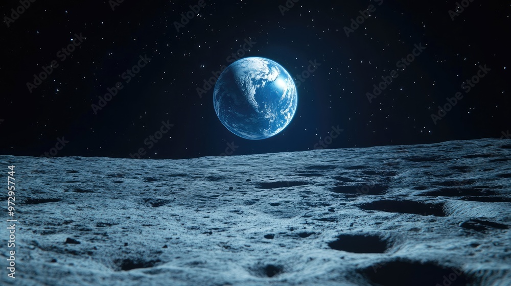 A view of Earth from the moon's surface, showing the planet as a blue sphere against a backdrop of stars. A view of Earth from the moon's surface, showing the planet as a blue sphere against a backdrop of stars.