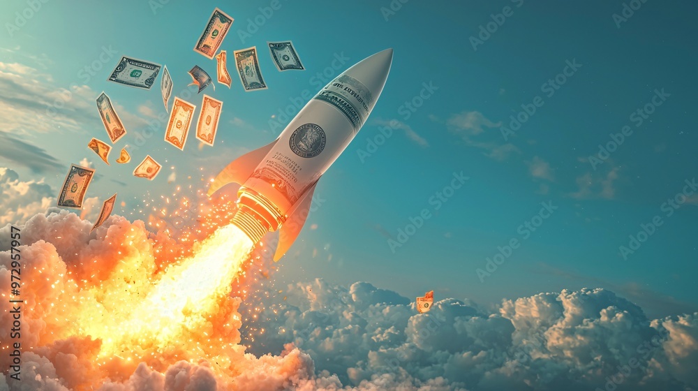 Fototapeta premium Business concept image showing coins and banknotes attached to a rocket, symbolizing financial growth and success.
